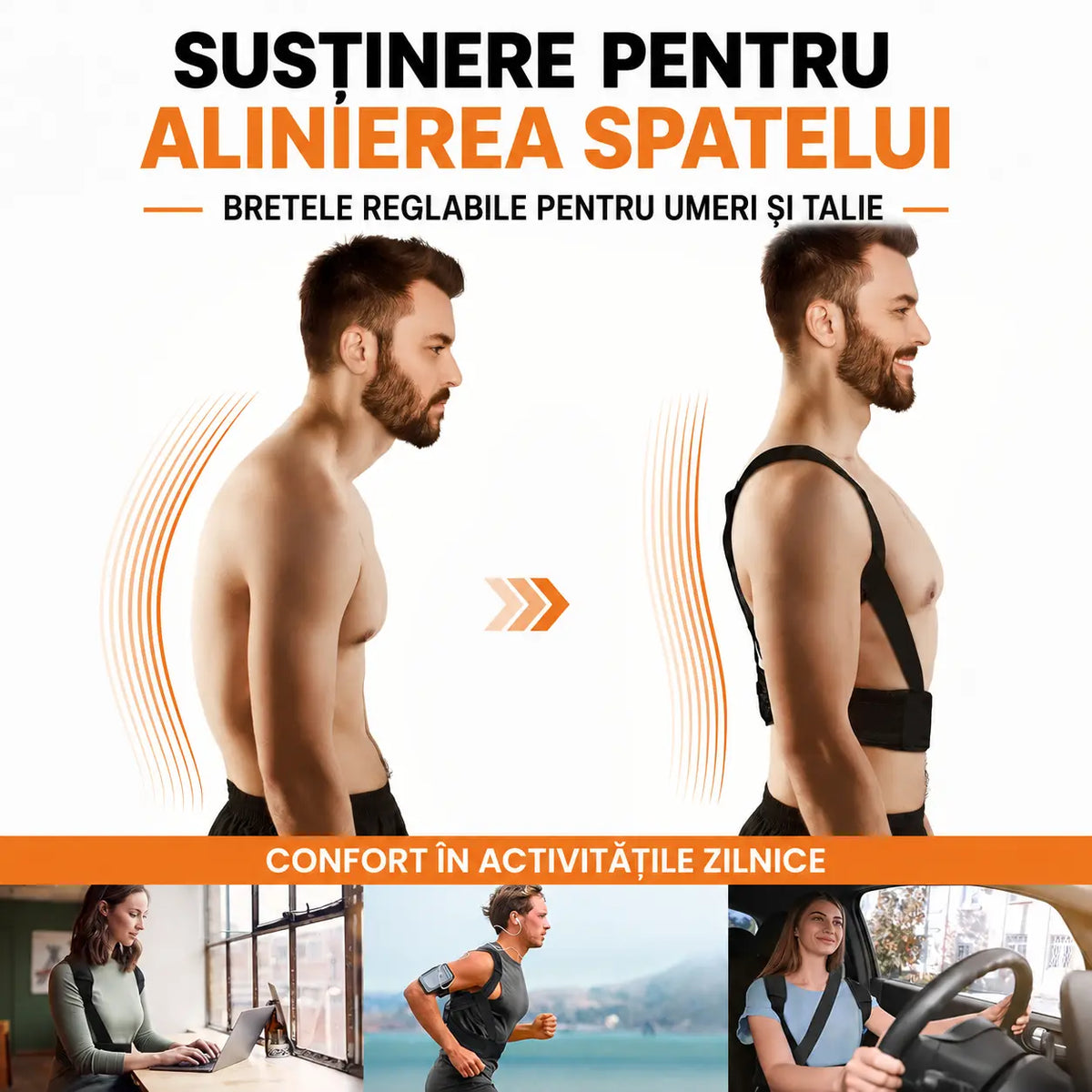 Corset postural negru pentru alinierea spatelui și activități zilnice