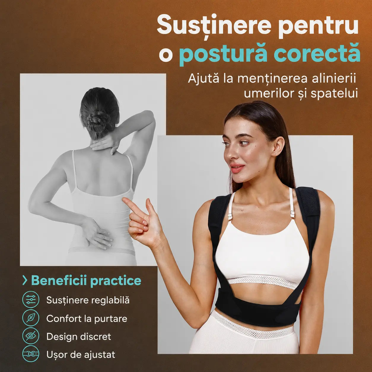 Corset postural negru pentru susținere reglabilă și postură