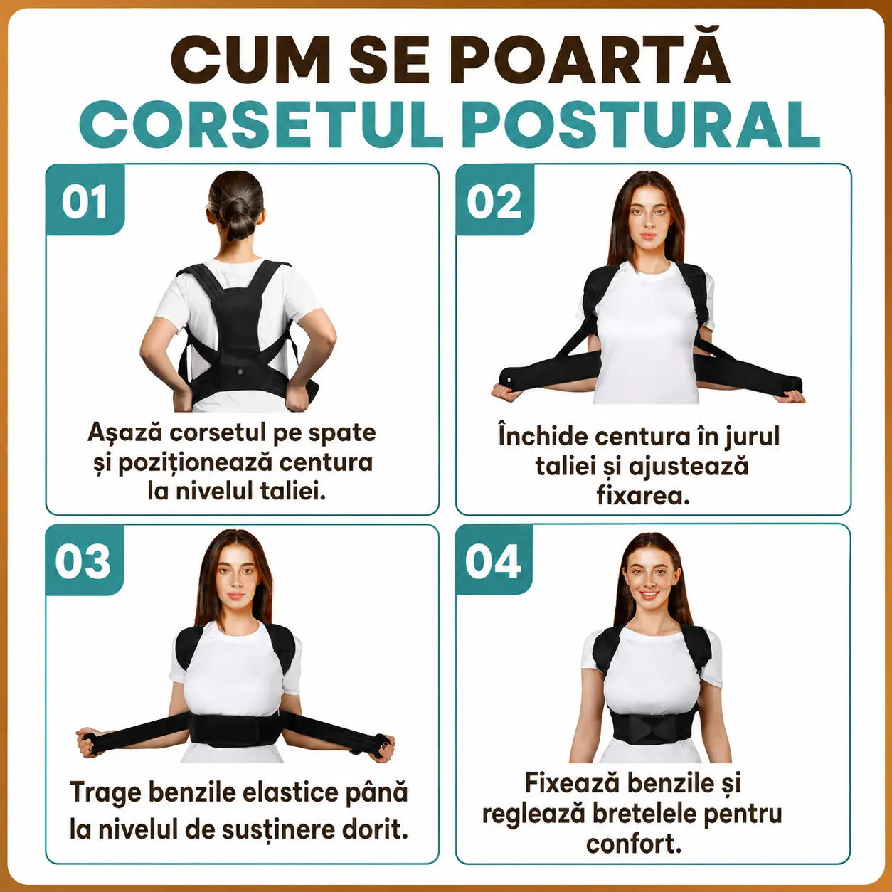Instrucțiuni de purtare pentru corset postural negru în patru pași