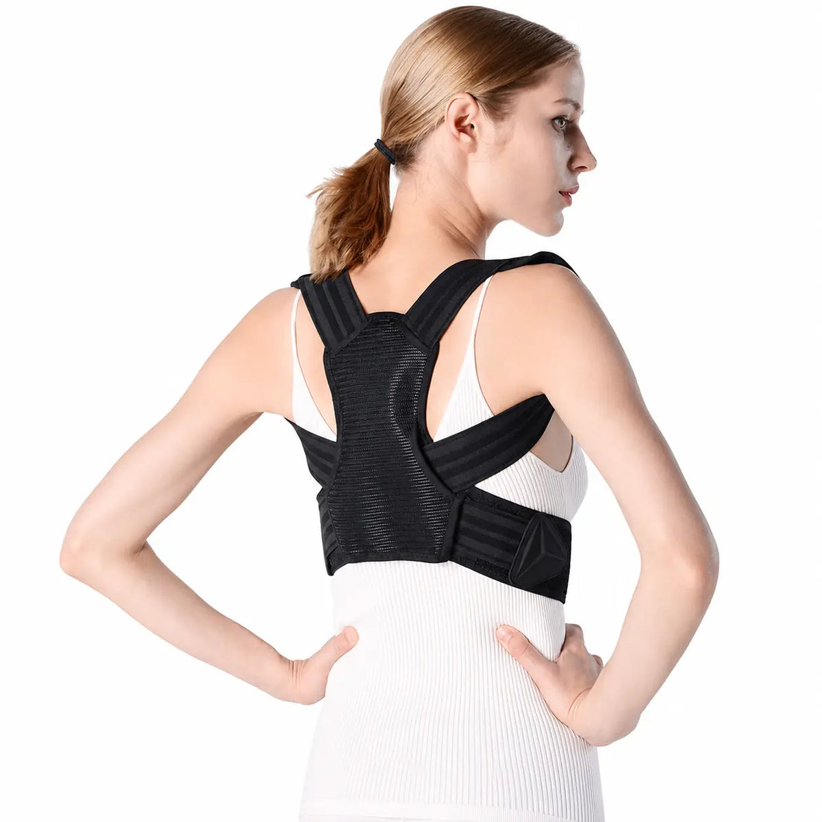 Corset postural ortopedic negru văzut din spate
