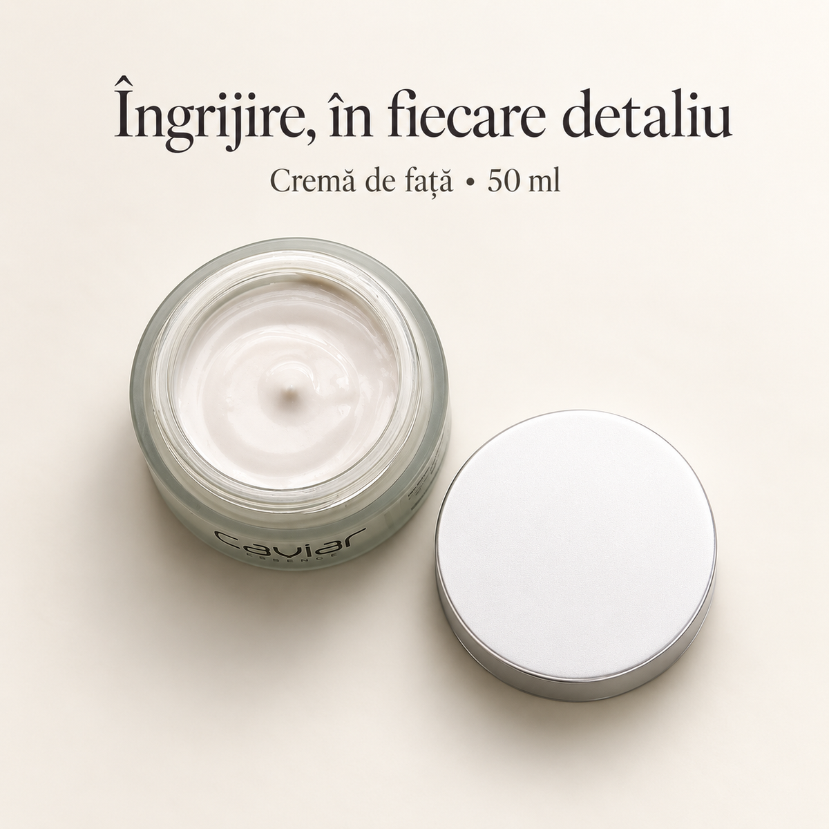 Cremă de față Caviar Essence 50 ml – recipient deschis și textura cremei