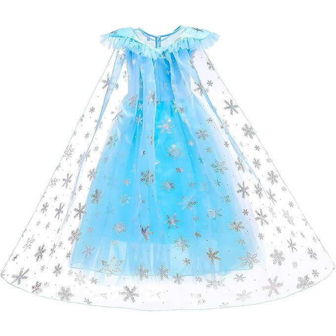 Rochie Elsa Frozen pentru Copii, Set cu Coronita, Coada, Bijuterii si Accesorii, EvrikaUnity®, Tesatura fina, 4-5 ani, 120 cm, Albastru