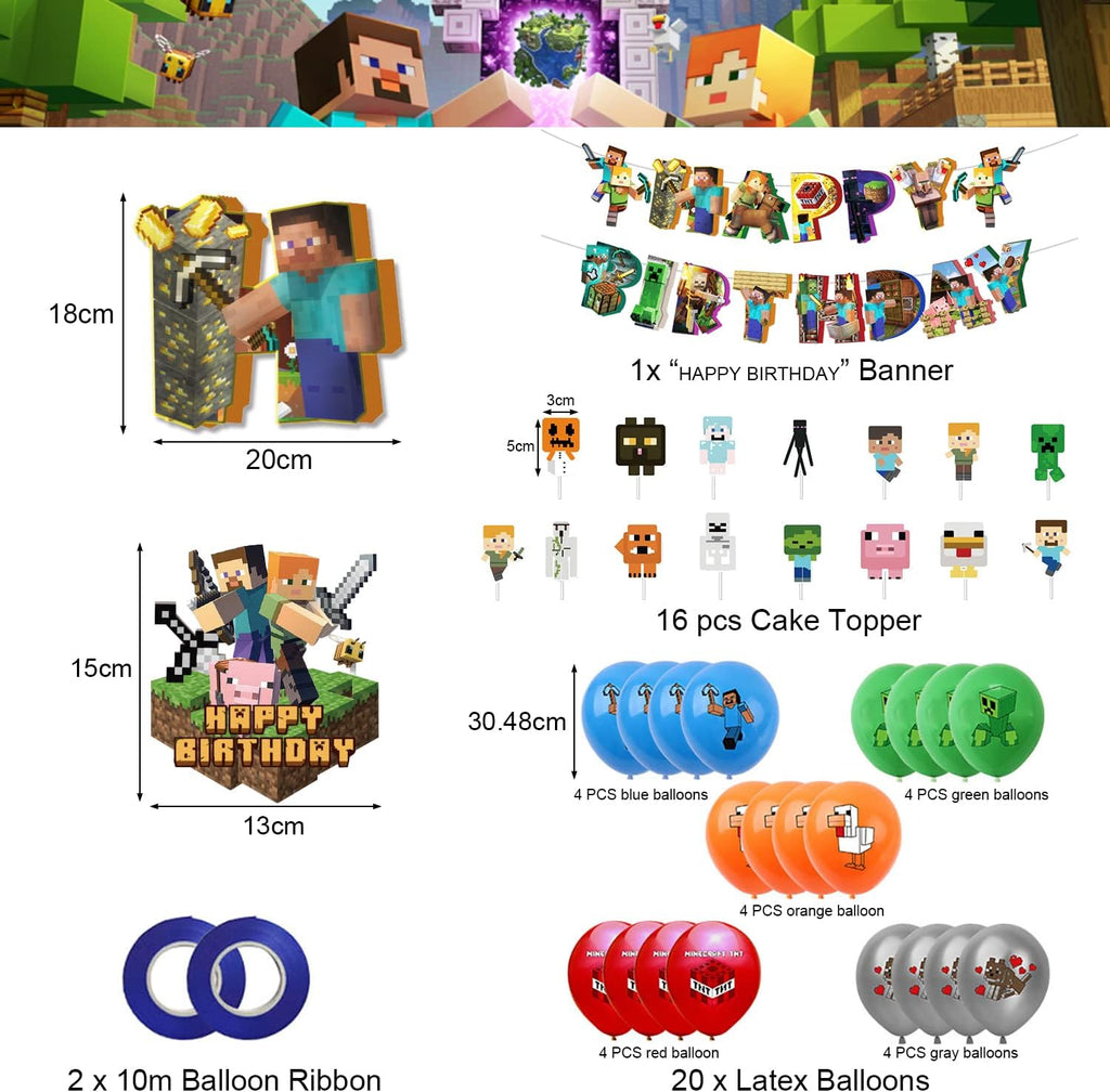 Set 20 baloane copii, Minecraft Aventura, EvrikaUnity®, Petrecere Aniversara, Latex, 1 Banner Happy Birthday, 15 Cupcake Topper, 1 Cake Topper, Multicolor