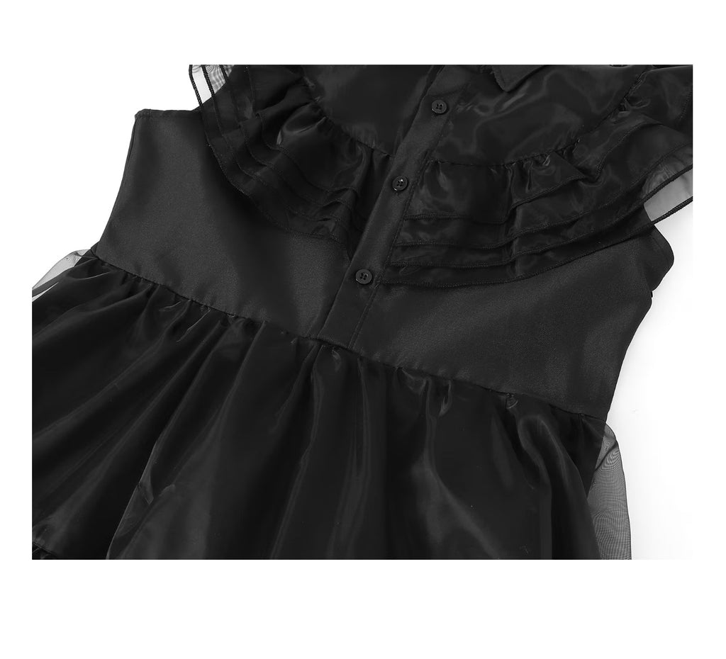 Rochie Wednesday pentru Fete, Set cu Peruca, Bijuterii si Accesorii, EvrikaUnity®, Tesatura premium, 4-5 ani, 120 cm, Negru