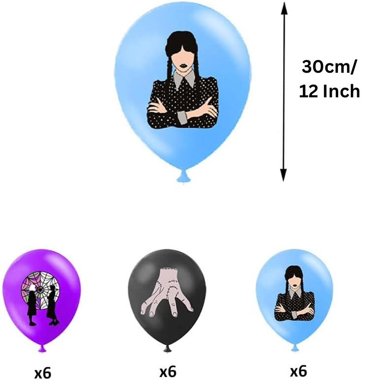 Set 18 baloane copii, Wednesday Addams, Petrecere Aniversara, EvrikaUnity®, Latex, 1 Banner Happy Birthday, 12 Cupcake Topper, 1 Cake Topper, Mov / Roz / Albastru