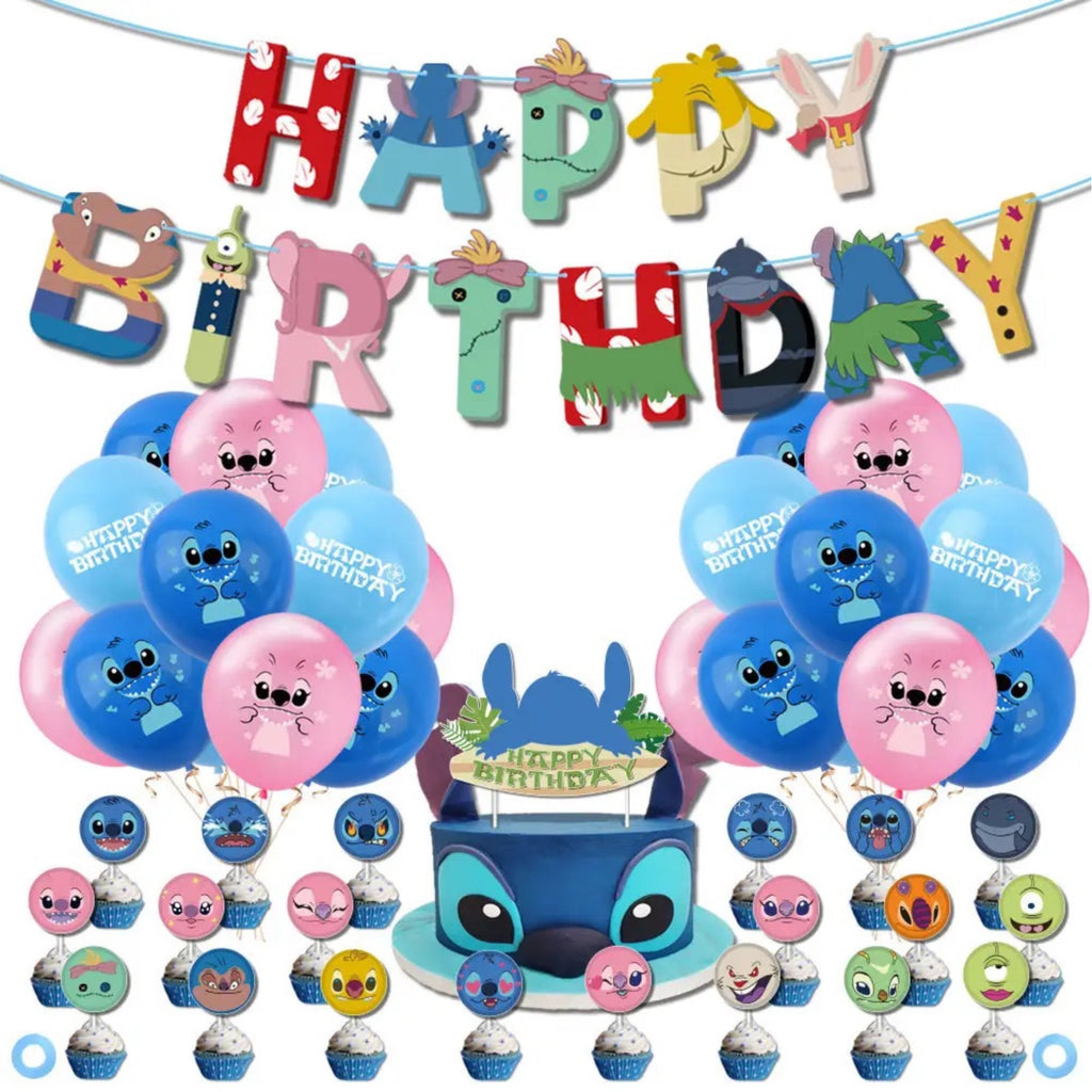 Set 24 baloane pentru Copii, Lilo si Stich, Petrecere Aniversare, Latex, 1 Banner Happy Birthday, 21 Cupcake Topper, 1 Cake Topper, Roz/ Albastru/ Turcoaz