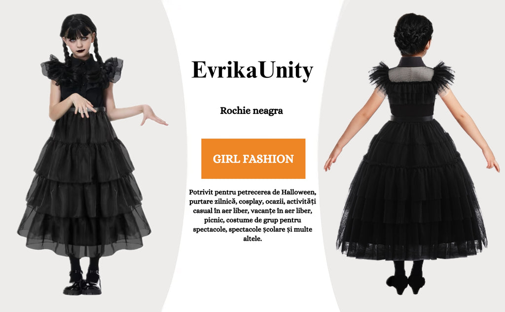 Rochie Wednesday pentru Fete, Set cu Peruca, Bijuterii si Sosete, EvrikaUnity®, Tesatura premium, 3-4 ani, 110 cm, Negru