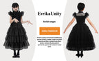 Rochie Wednesday pentru Fete, Set cu Peruca, Bijuterii si Sosete, EvrikaUnity®, Tesatura premium, 3-4 ani, 110 cm, Negru