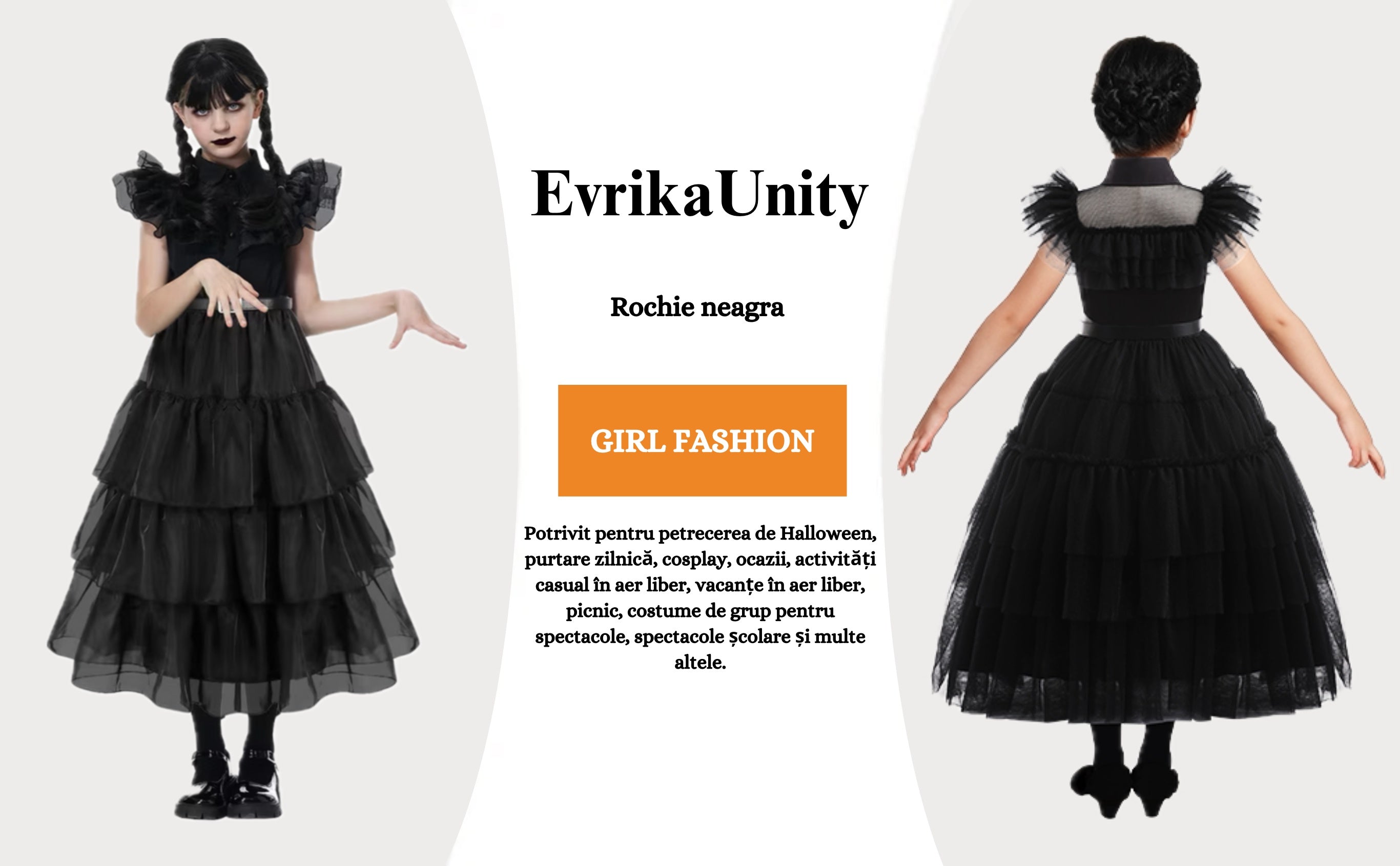 Rochie Wednesday pentru Fete, Set cu Peruca, Bijuterii si Sosete, EvrikaUnity®, Tesatura premium, 3-4 ani, 110 cm, Negru