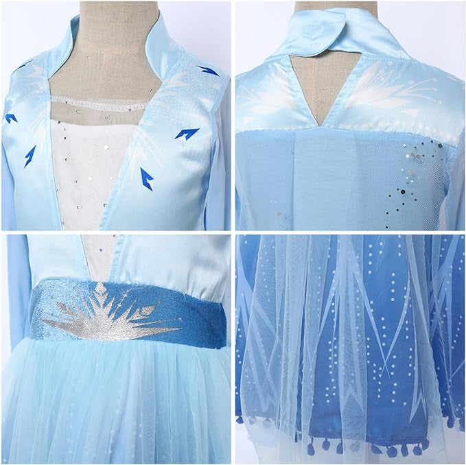 Rochie Elsa Frozen 2 pentru fete, Set cu Coronita, Peruca, Bijuterii si accesorii, EvrikaUnity®, Regina Ghetii, Tesatura Premium, 3-4 ani, 110 cm, Albastru Imperial