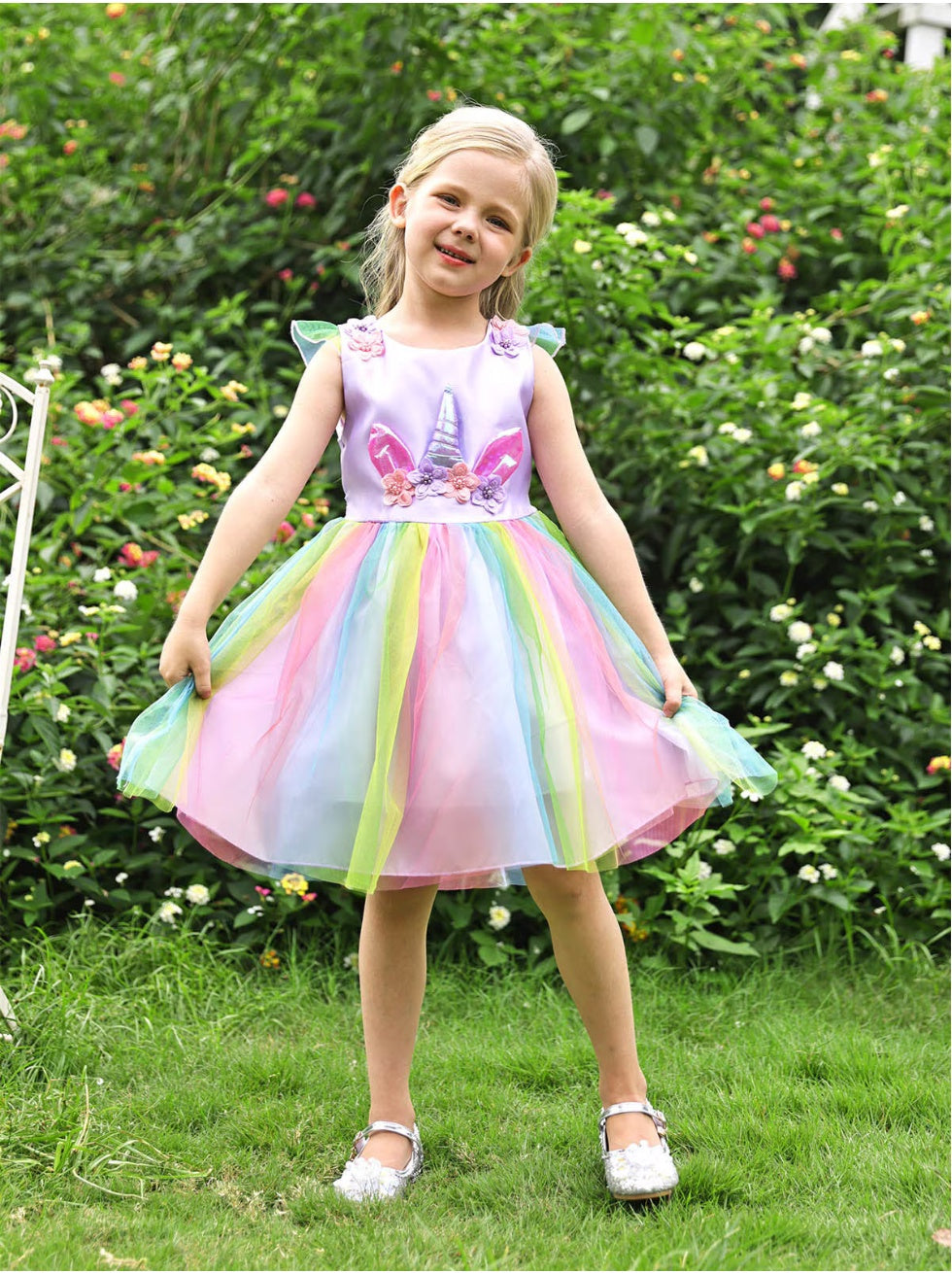 Rochie Unicorn pentru Fetite, Set cu Bentita si Colier, EvrikaUnity®, Tesatura Premium, 6-7 ani, 140 cm, Mov