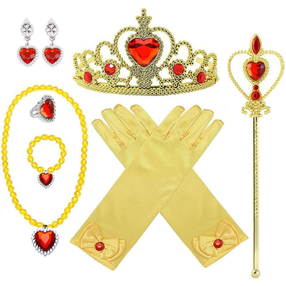 Rochie Belle pentru Copii, Set cu coronita si accesorii, Frumoasa si Bestia, Tesatura fina, 6-7 ani, 140, Galben