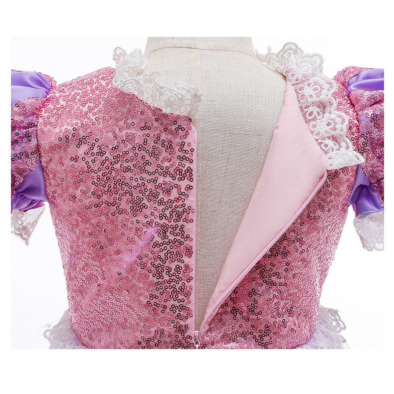 Rochie Printesa Rapunzel pentru Copii, Set cu Coronita si Accesorii, EvrikaUnity®, Tesatura premium, 6-7 ani, 140 cm, Roz / Mov Royal