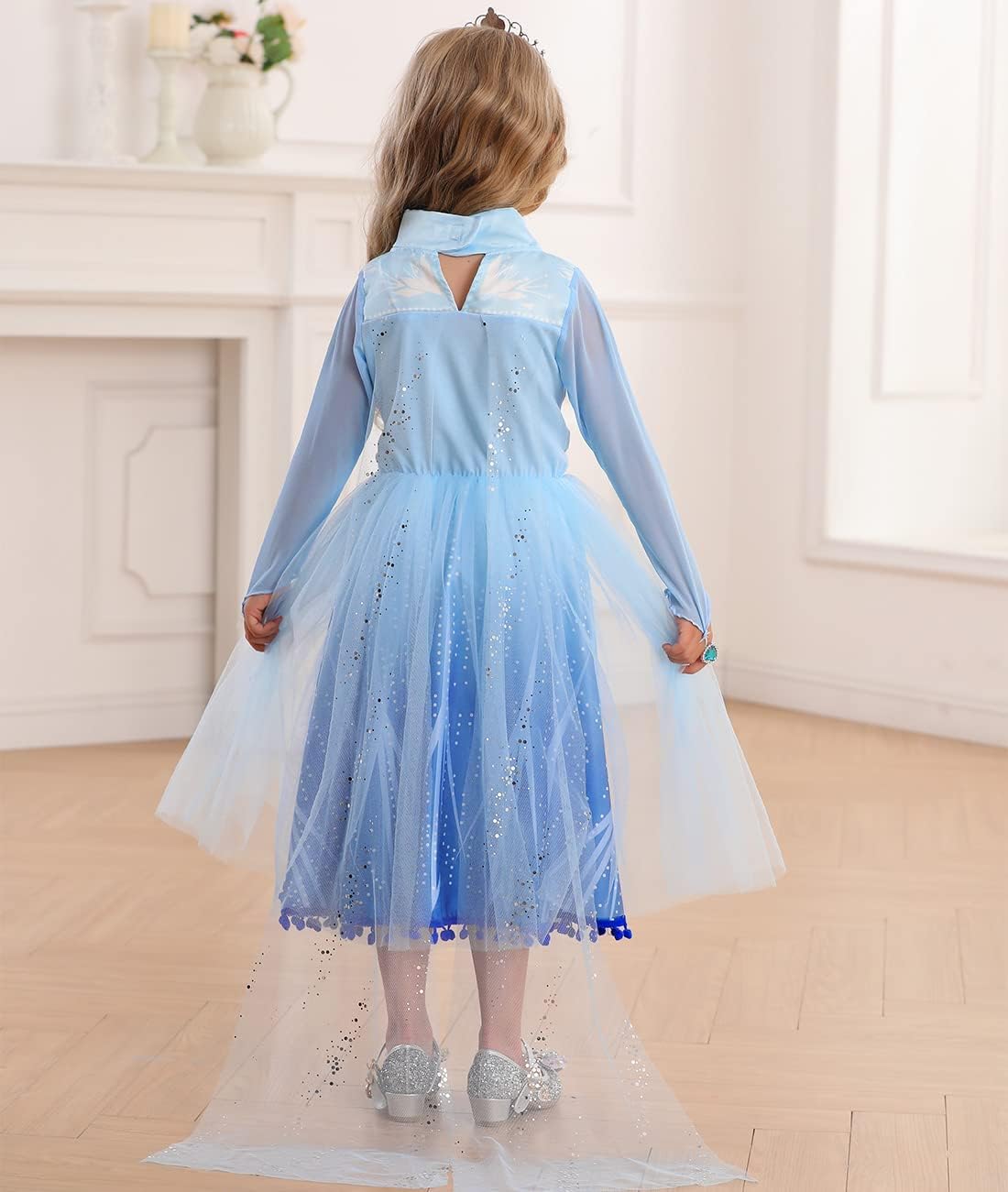 Rochie Elsa Frozen 2 pentru copii, Set cu coronita, peruca si accesorii, EvrikaUnity®, Regina Ghetii, Tesatura Premium, 5-6 ani, 130 cm, Albastru imperial