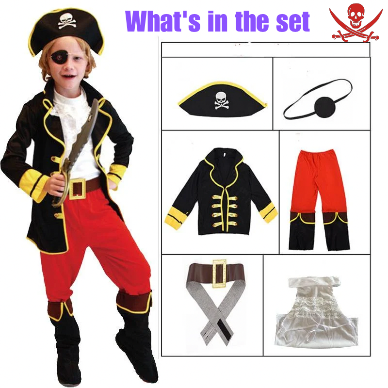 Costum Pirat pentru copii, Set cu Palarie si Petic de ochi, EvrikaUnity®, Tesatura Premium, 7-8 ani, 150 cm, Rosu/ Negru