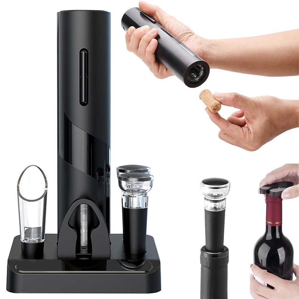Set Desfacator Electric pentru Vin, EvrikaKron®, Tirbuson Automat Reincarcabil, cu 2 Dop Vacuum, Turnator Aerator, Cutter pentru Folie si Suport Organizator, Negru