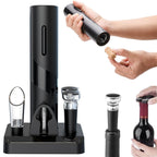 Set Desfacator Electric pentru Vin, EvrikaKron®, Tirbuson Automat Reincarcabil, cu 2 Dop Vacuum, Turnator Aerator, Cutter pentru Folie si Suport Organizator, Negru