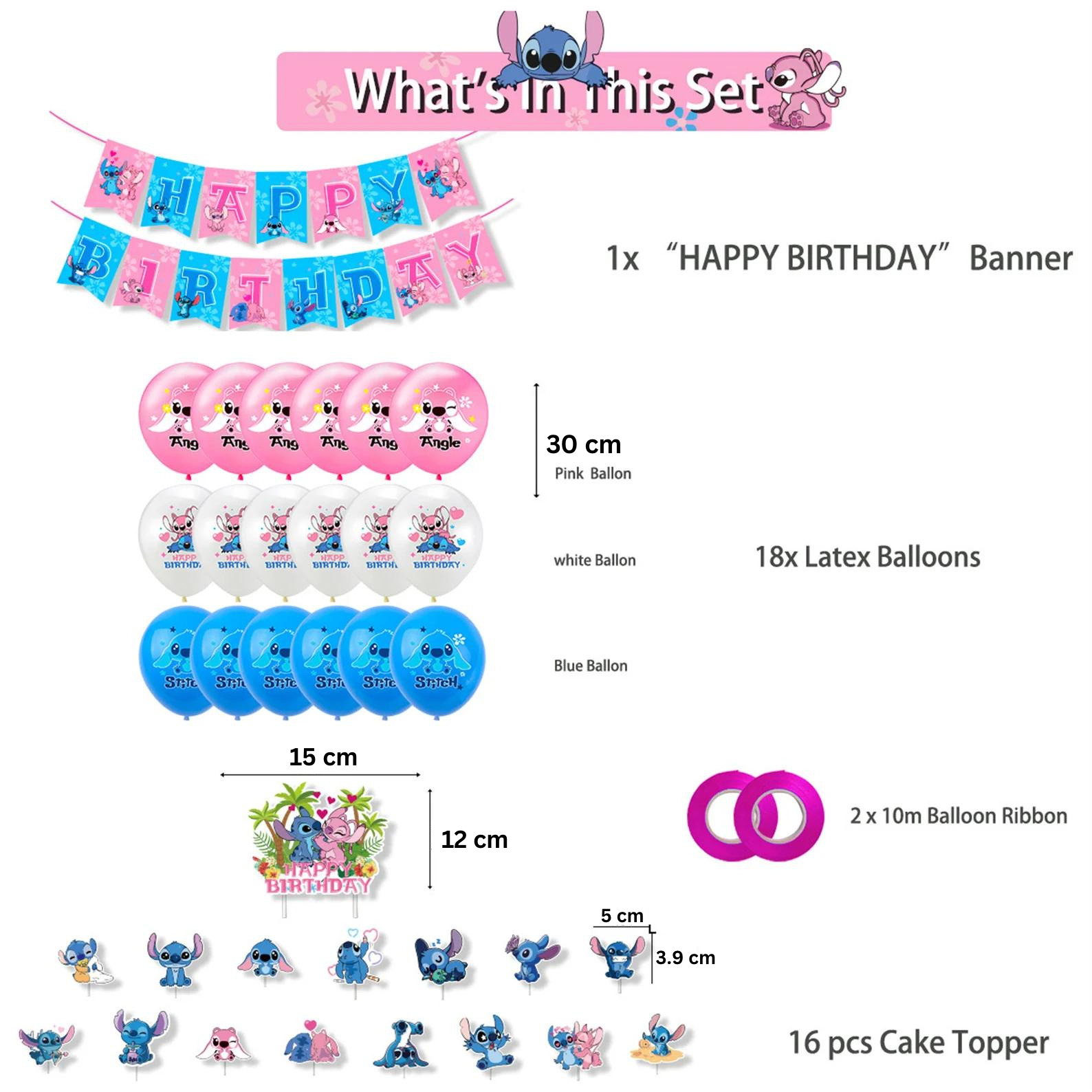 Set 18 baloane copii, Lilo si Stitch, Petrecere Aniversara, Latex, 1 Banner Happy Birthday, 15 Cupcake Topper, 1 Cake Topper, Alb/ Albastru/ Roz
