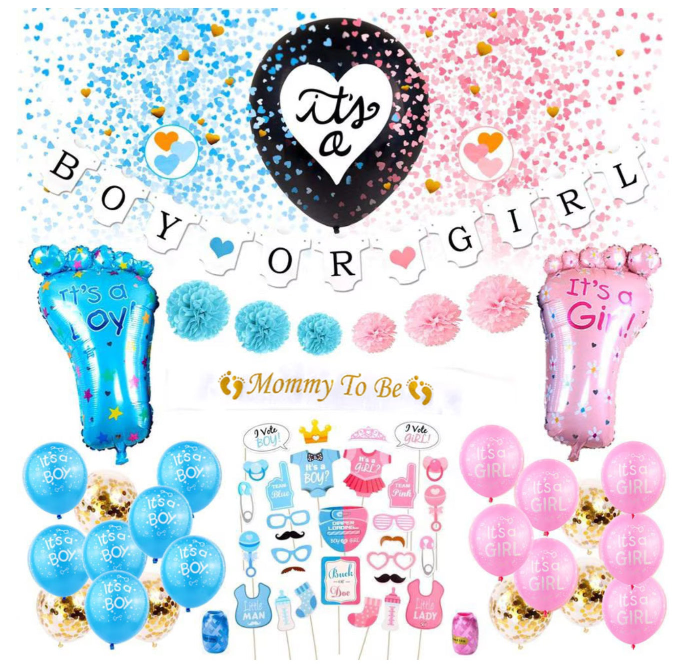 Set 79 de accesorii pentru Gender Reveal cu 39 de Baloane, Picioruse, EvrikaUnity®, Petrecere dezvaluire de gen copil, Latex, 30 photo props, Roz/ Albastru