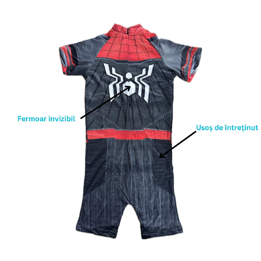 Costum de baie/inot intreg pentru copii, Spiderman, Supererou, Premium Nylon, 6-7 ani, 140 cm, Rosu/ Negru