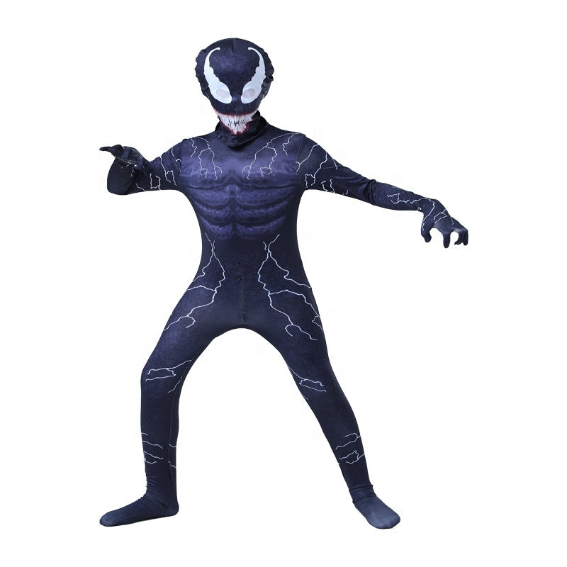 Costu Venom cu Fulgere pentru Copii, Set cu masca, Supererou, EvrikaUnity®, Premium Lycra 3D®, 7-8 ani, 150cm, Bleumarin