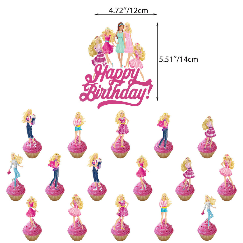 Set 24 baloane copii, Barbie, Barbieland, Petrecere Aniversara, EvrikaUnity®, Latex, 1 Banner Happy Birthday, 16 Cupcake Topper, 1 Cake Topper, Roz/ Roz deschis/ Alb