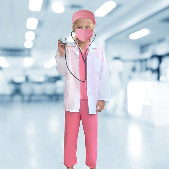 Costum de Doctor pentru Copii, Set cu Stetoscop de jucarie si Legitimatie, Tesatura fina, 4-5 ani, 120 cm, Alb/ Roz