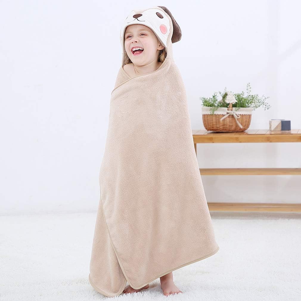Prosop de Baie cu Gluga pentru Copii, Model Catelus, Super Absorbant, Moale si Pufos, 120x70 cm, Crem