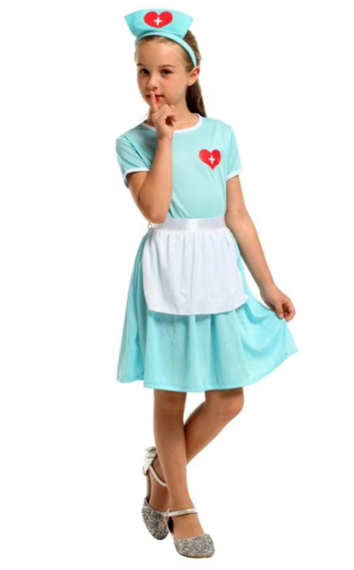 Costum de Asistenta Doctor pentru Copii, Set cu Bentita, EvrikaUnity®, Tesatura Premium, 130cm, 5-6 ani, Turcoaz