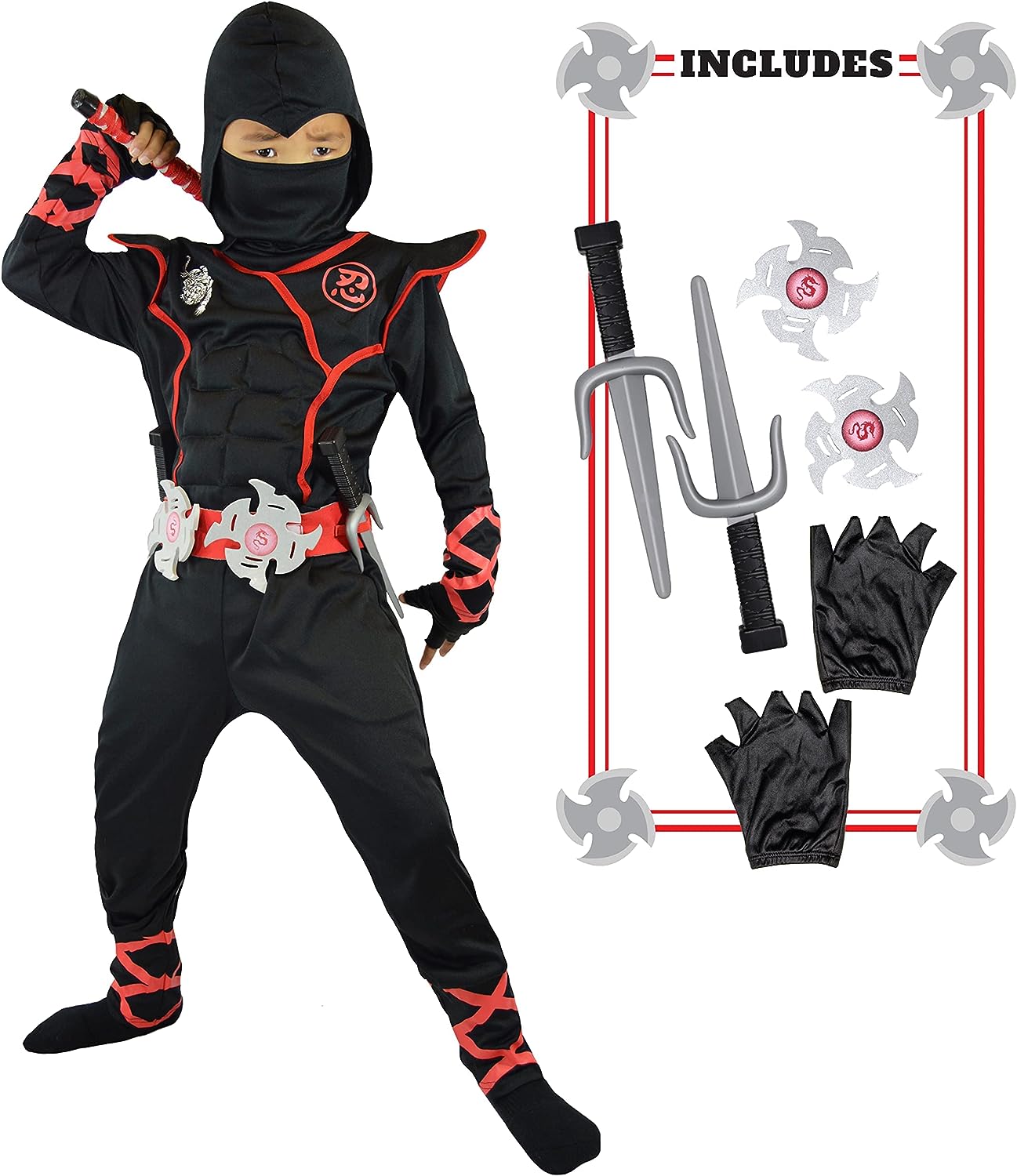 Costum Ninja pentru Copii, Set cu Accesorii, EvrikaUnity®, Tesatura Premium, 3-4 ani, 110cm, Negru/Rosu
