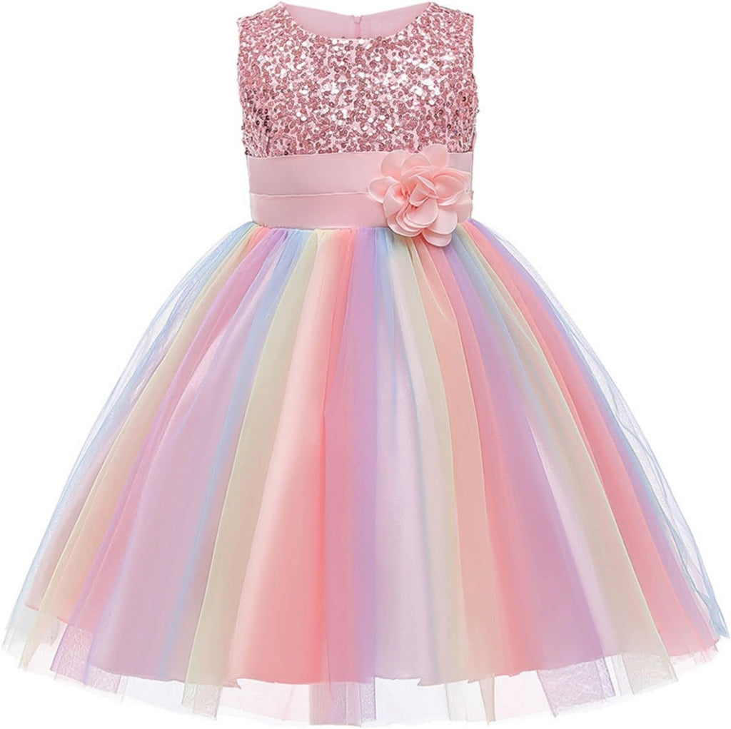 Rochita Curcubeu de Printesa pentru fete, Zi de zi, Petrecere, Tesatura Fina, 8-9 ani, 160 cm, Roz
