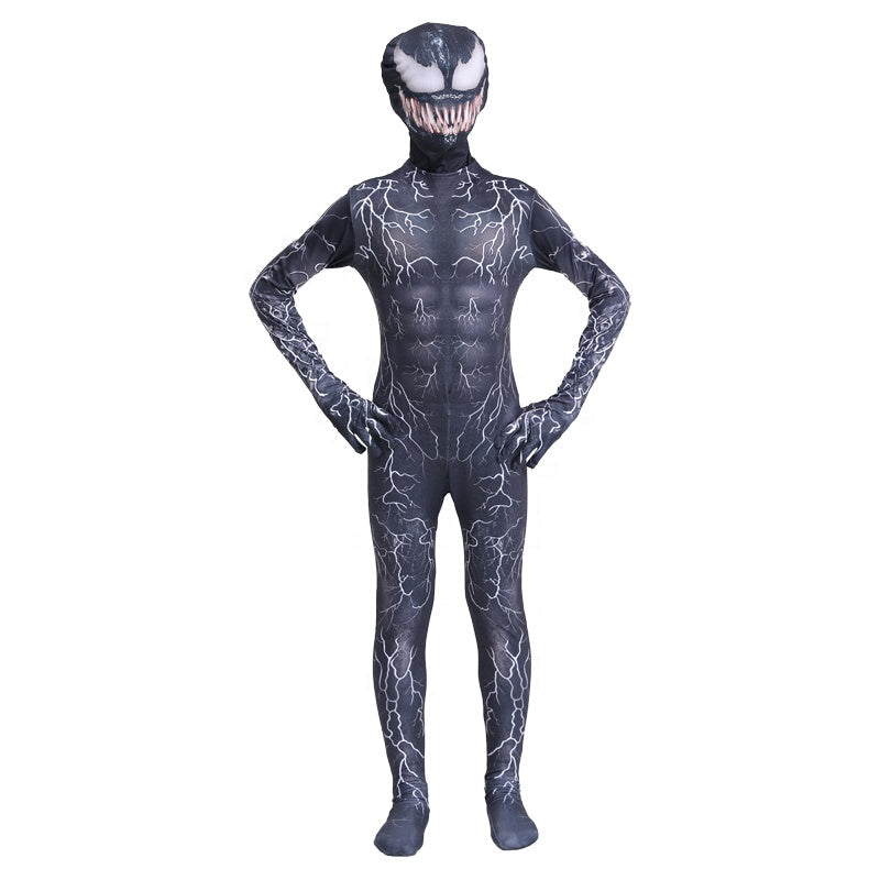 Costum Venom cu multe Fulgere pentru Copii, Set cu masca, Supererou, EvrikaUnity®, Premium Lycra 3D®, 7-8 ani, 150cm, Negru