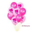 Set 20 baloane copii, Barbie, Petrecere Aniversara, EvrikaUnity®, Latex, 1 Banner Happy Birthday, 16 Cupcake Topper, 1 Cake Topper, Roz/ Rosu