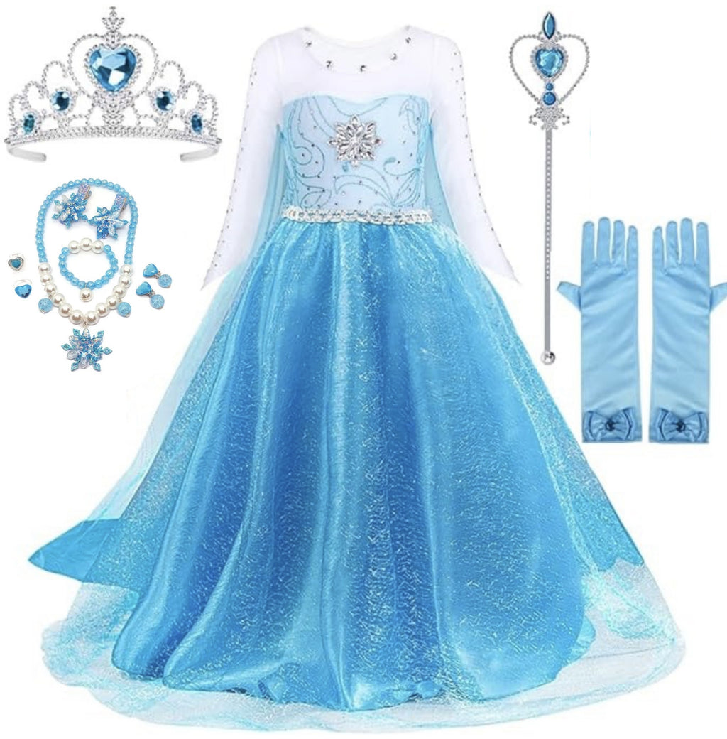 Rochita Elsa Frozen pentru Fete, Set cu Coronita, Bijuterii si accesorii, EvrikaUnity®, Tesatura Premium, 5-6 ani, 130 cm, Turcoaz