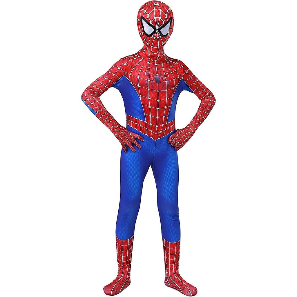 Costum Primul Om-Paianjen pentru copii, Supererou, Spiderman, EvrikaUnity®, Premium Lycra 3D®, 7-8 ani, 150 cm, Rosu / Albastru
