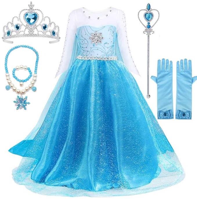 Rochita Elsa Frozen pentru copii, Set cu Coronita, Bijuterii si accesorii, EvrikaUnity®, Tesatura Premium, 5-6 ani, 130 cm, Albastru/ Turcoaz