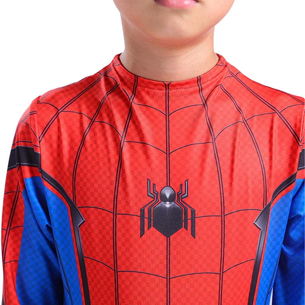 Costum Spiderman pentru copii, cu cagula si manusi, Supererou, EvrikaUnity®, Premium Lycra 3D®, 5-6 ani, 130 cm, Albastru / Rosu