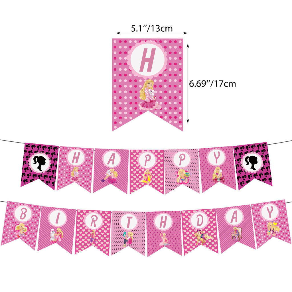 Set 24 baloane copii, Barbie, Barbieland, Petrecere Aniversara, EvrikaUnity®, Latex, 1 Banner Happy Birthday, 16 Cupcake Topper, 1 Cake Topper, Roz/ Roz deschis/ Alb