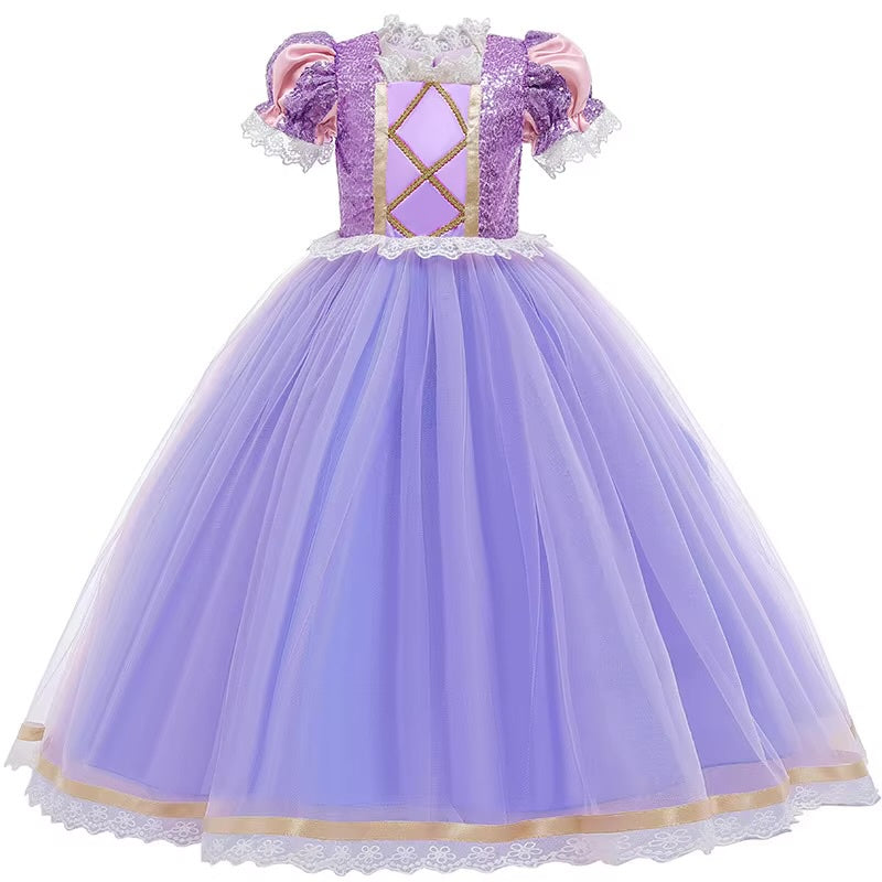 Rochie Printesa Rapunzel pentru Copii, Set cu Coronita si Accesorii, EvrikaUnity®, Tesatura premium, 5-6 ani, 130 cm, Mov