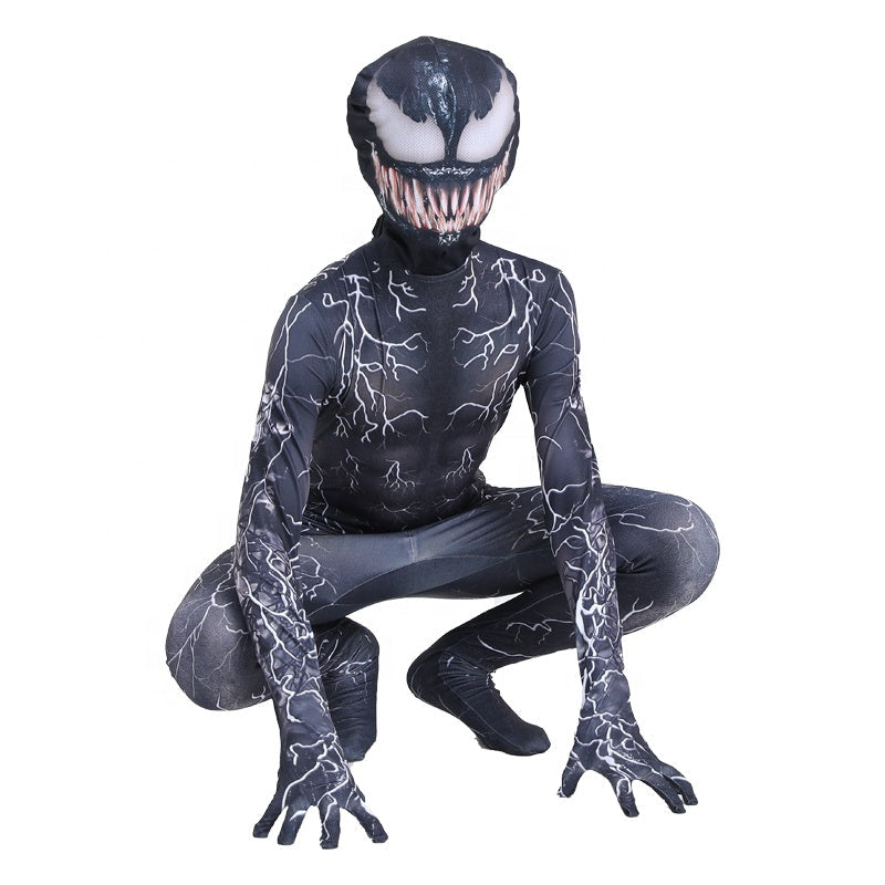 Costum Venom cu multe Fulgere pentru Copii, Set cu masca, Supererou, EvrikaUnity®, Premium Lycra 3D®, 7-8 ani, 150cm, Negru