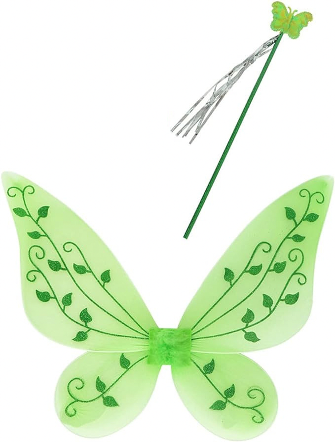 Rochita Fluture cu Flori pentru fete, Set cu aripi si bagheta, Tesatura fina, 7-8 ani, 150 cm, Verde