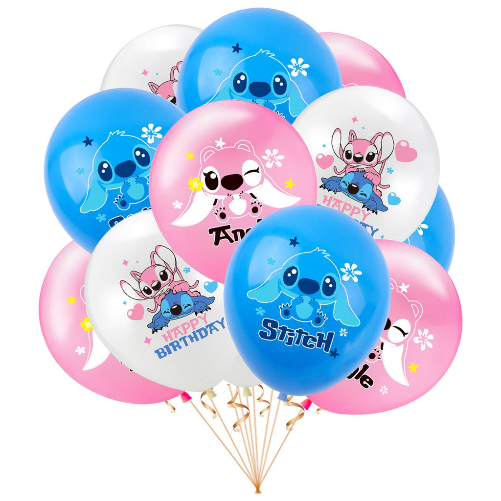 Set 18 baloane copii, Lilo si Stitch, Petrecere Aniversara, Latex, 1 Banner Happy Birthday, 15 Cupcake Topper, 1 Cake Topper, Alb/ Albastru/ Roz