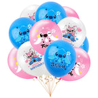 Set 18 baloane copii, Lilo si Stitch, Petrecere Aniversara, Latex, 1 Banner Happy Birthday, 15 Cupcake Topper, 1 Cake Topper, Alb/ Albastru/ Roz