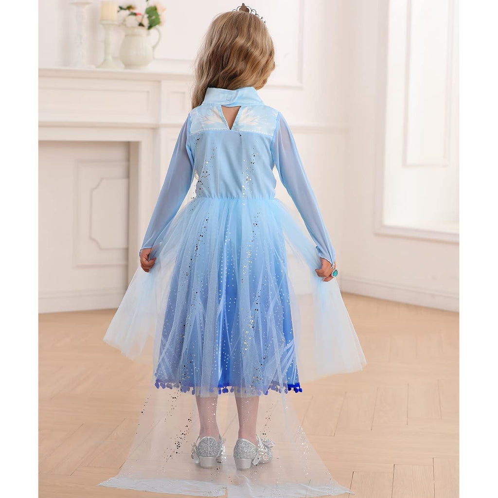 Rochie Elsa Frozen 2 pentru copii, Set cu Coronita, Peruca, Bijuterii si accesorii, EvrikaUnity®, Regina Ghetii, Tesatura Premium, 6-7 ani, 140 cm, Albastru Imperial