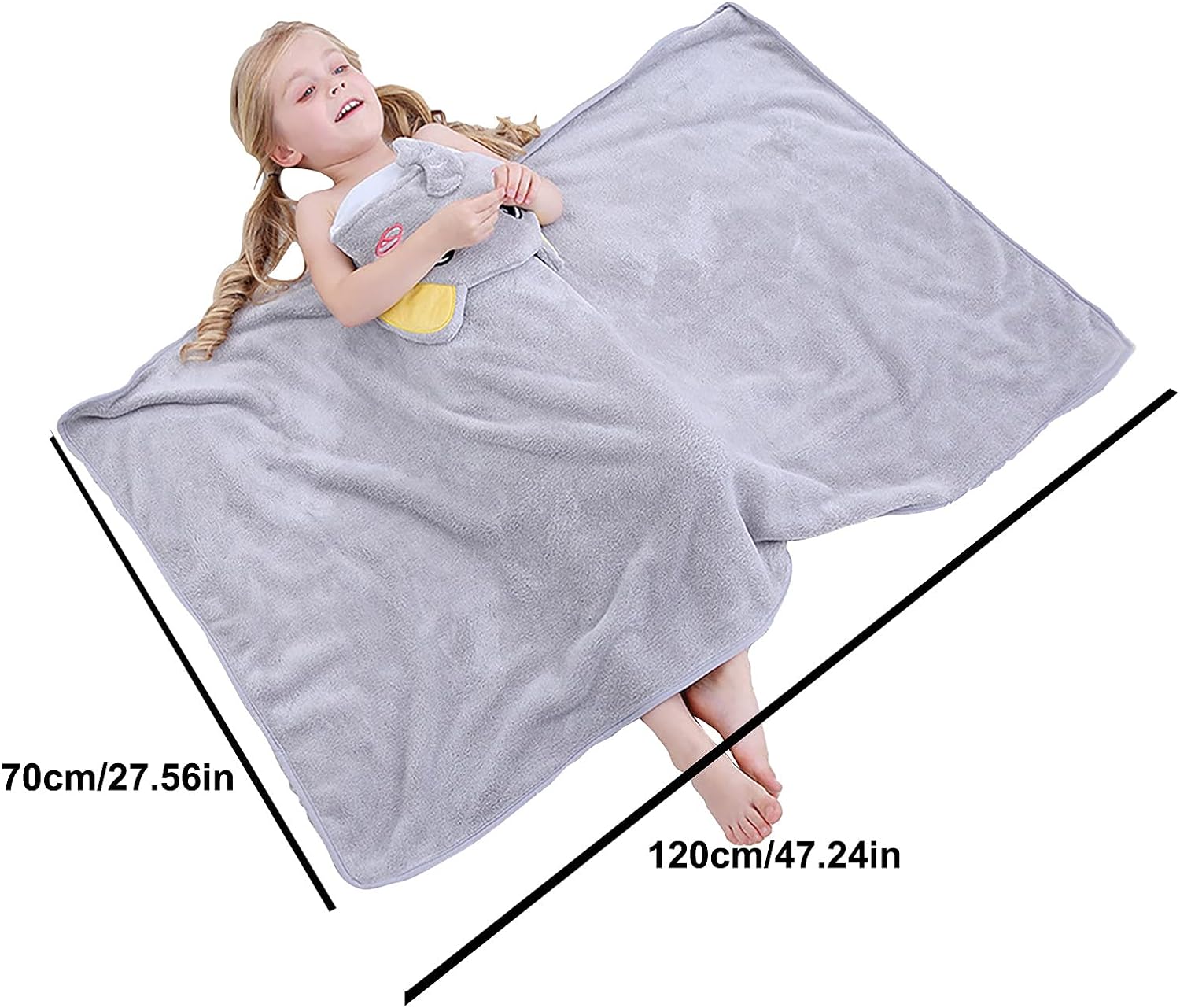Prosop de Baie cu Gluga pentru Copii, Model Elefant, Super Absorbant, Moale si Pufos, 120x70 cm, Gri