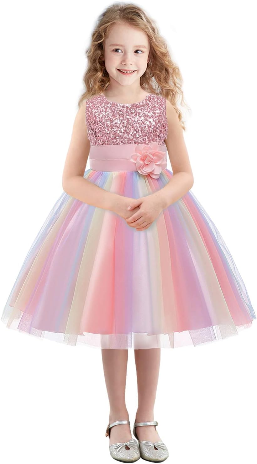 Rochita Curcubeu de Printesa pentru fete, Zi de zi, Petrecere, Tesatura Fina, 7-8 ani, 150 cm, Roz