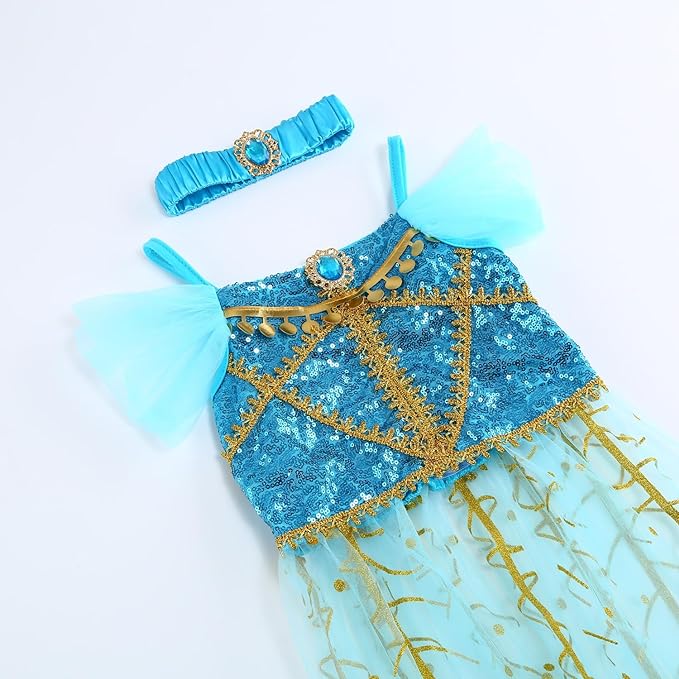 Costum Printesa Jasmine pentru Copii, Set cu Coronita si Accesorii, EvrikaUnity®, 4-5 ani, 120 cm, Albastru