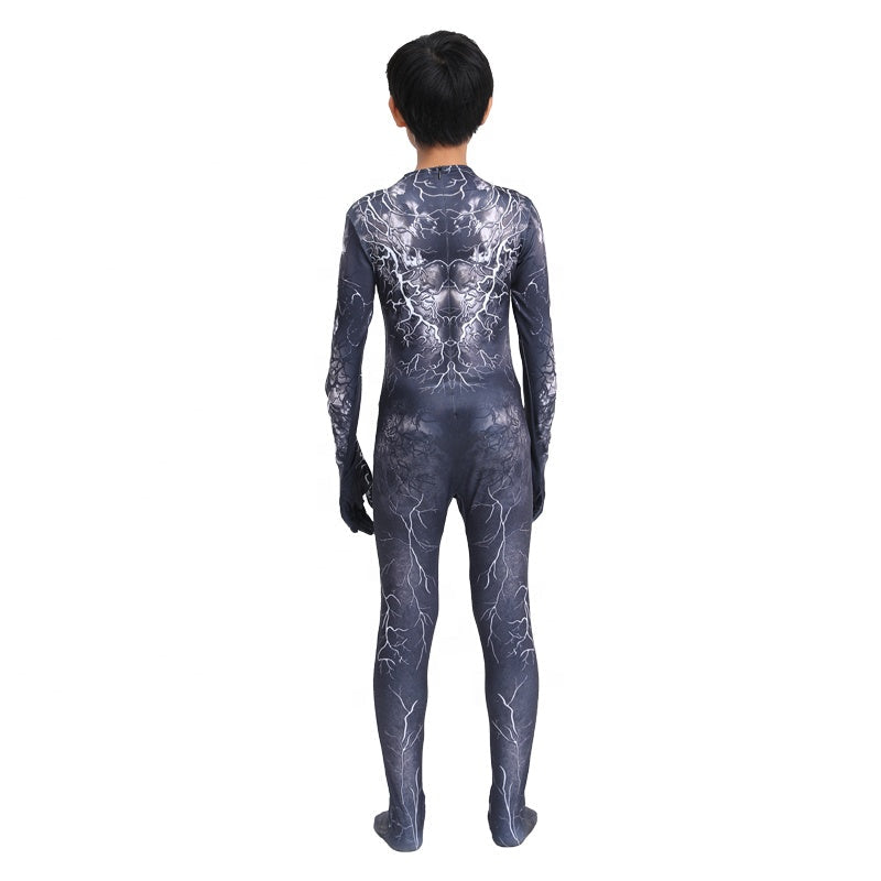 Costum Venom cu multe Fulgere pentru Copii, Set cu masca, Supererou, EvrikaUnity®, Premium Lycra 3D®, 7-8 ani, 150cm, Negru