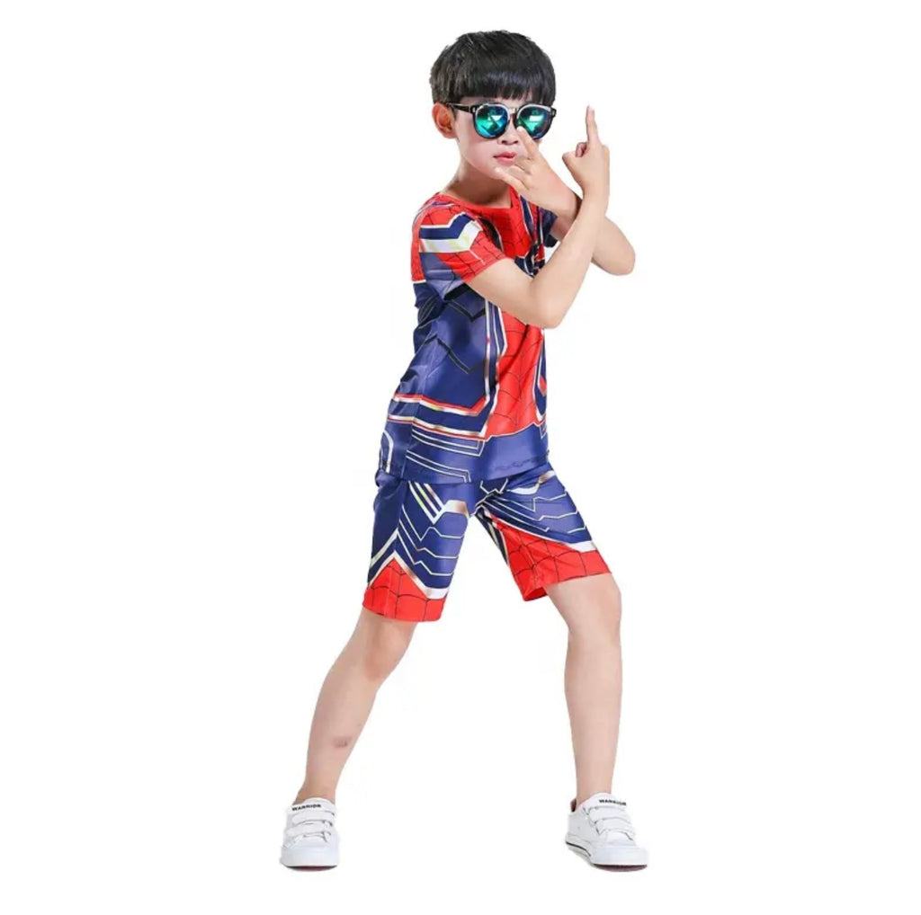 Costum Spiderman pentru Copii, Set Tricou si Pantaloni scurti, 110 cm, 3-4 ani, Rosu/ Albastru