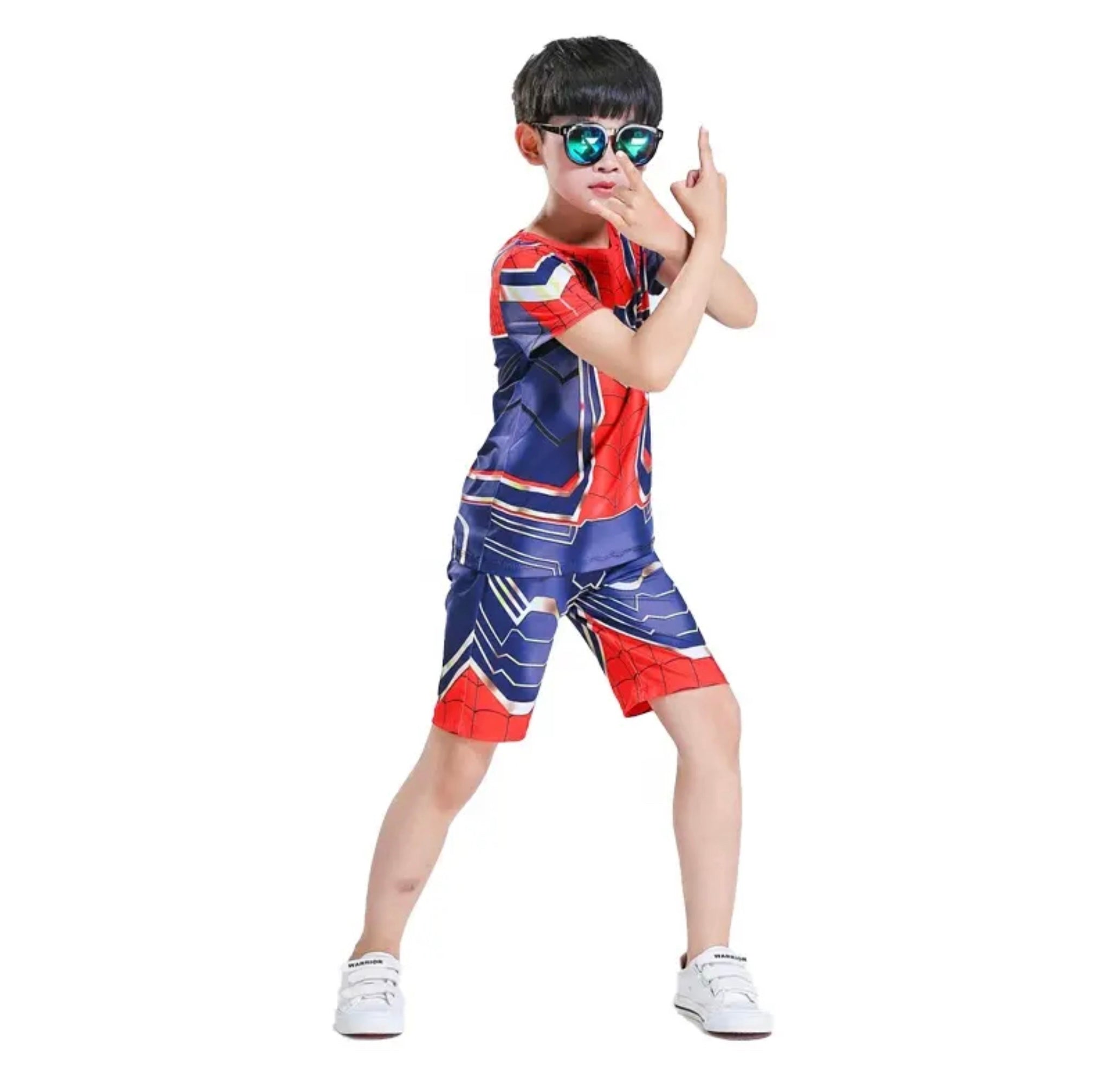 Costum Spiderman pentru Copii, Set Tricou si Pantaloni scurti, 110 cm, 3-4 ani, Rosu/ Albastru